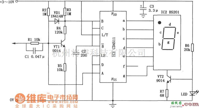 专用测量/显示电路中的CD4511构成的四状态逻辑显示笔电路图  第1张