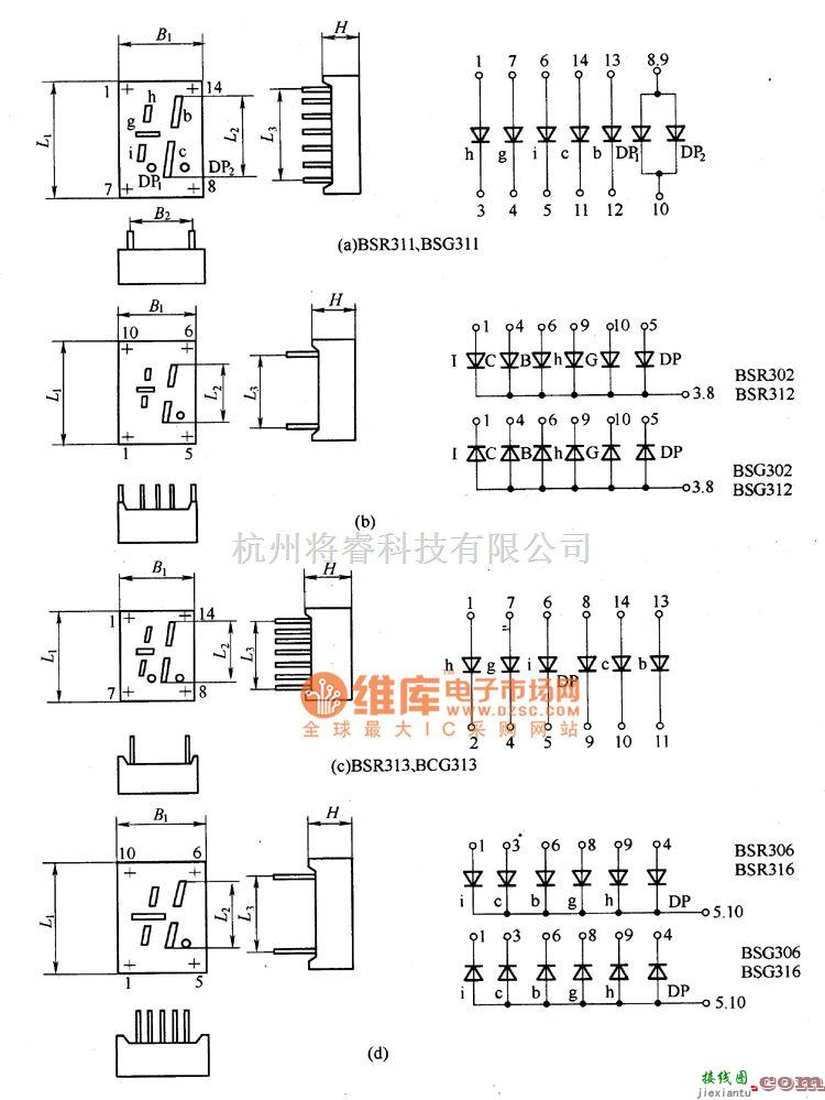 LED电路中的BSR(G)系列LED符号显示器外形及电路图  第1张