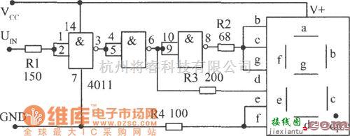 LED电路中的CMOS与非门4011接成反相器组成的电平测试电路图  第1张