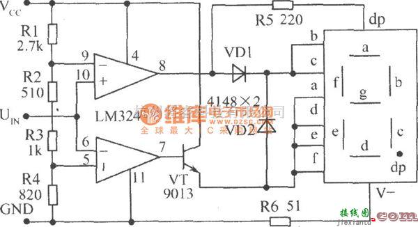 LED电路中的通过电阻Rl～R4设置不同的高、低电子检测阈值的电平检测电路图  第1张