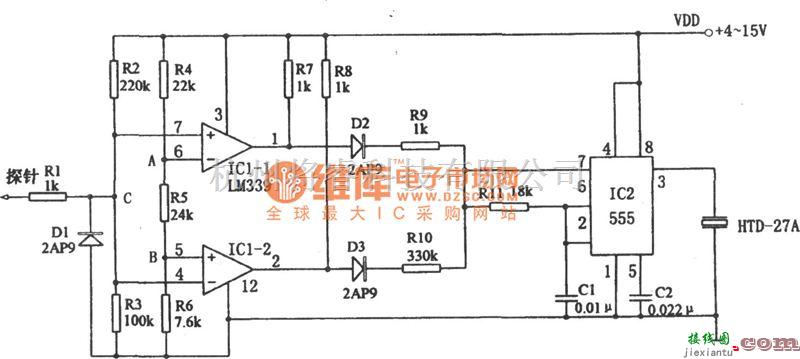 专用测量/显示电路中的555构成的音响逻辑电平探头电路图  第1张