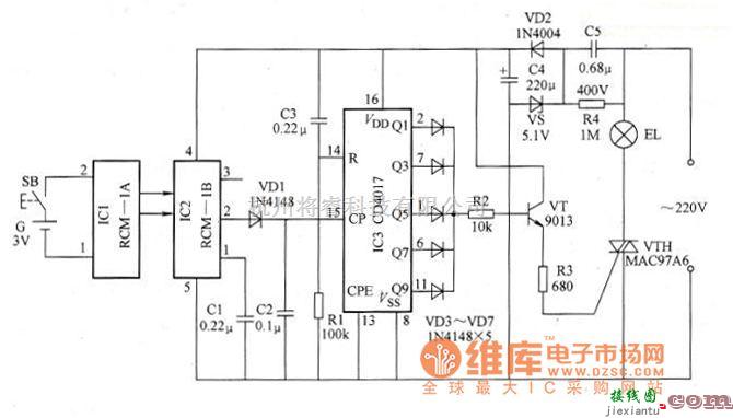 遥控电路（综合)中的采用RCM-lA/1B的无线电遥控照明灯电路原理图  第1张