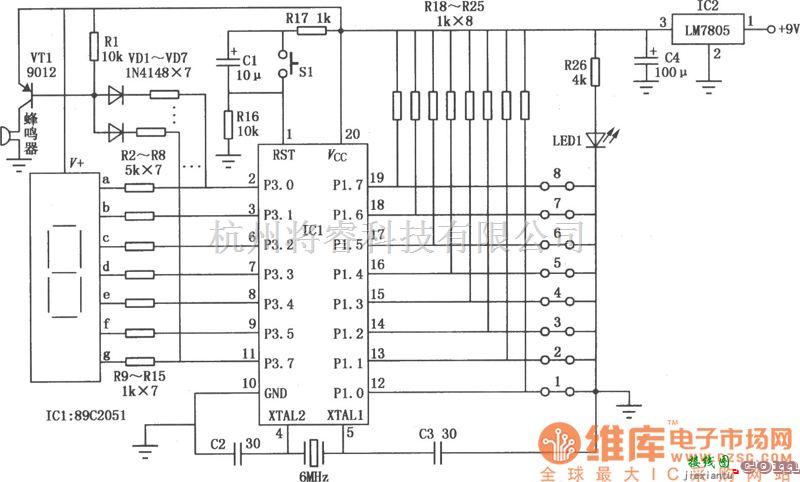 专用测量/显示电路中的由89C2051单片机组成的数显八路断线检测仪电路图  第1张