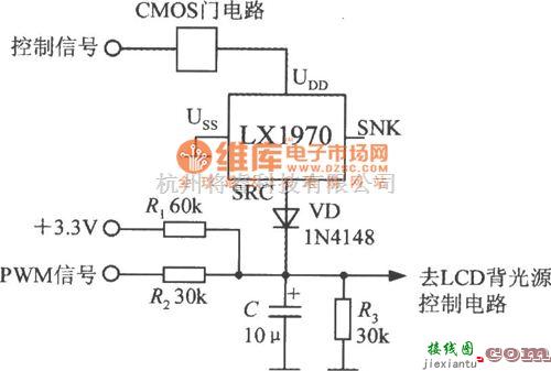 特种集成传感器中的采用门控开关的亮度调节电路(可见光亮度传感器LX1970)电路图  第1张