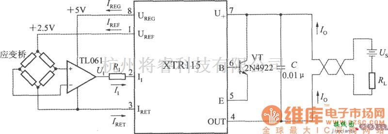 集成电流传感器、变送器中的由精密电流变送器XTR115构成应变桥电流变送器电路图  第1张