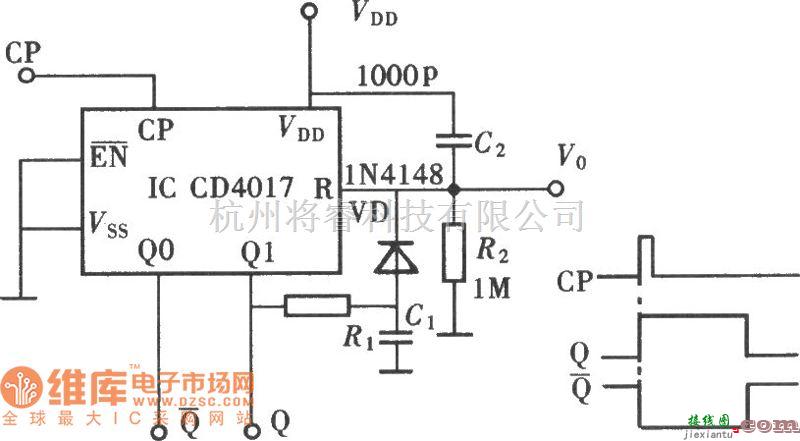 信号发生中的用CD4017组成单稳态触发器电路图  第1张