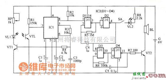 红外线热释遥控中的红外线反射式电子门铃电路原理图  第1张