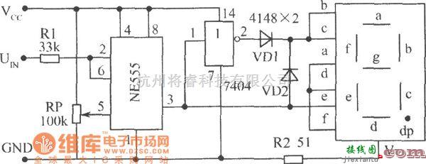 LED电路中的使用单时基电路NE555构成的电平测试电路图  第1张