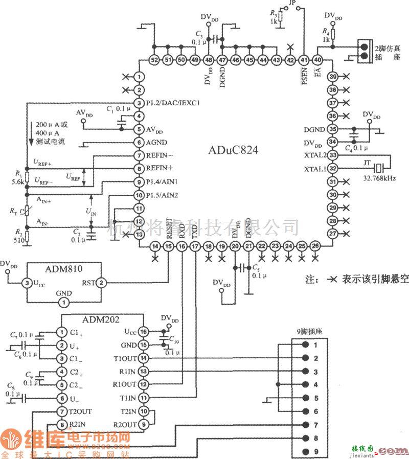 传感器单片系统应用方案中的由高精度单片数据采集系统ADuC824构成智能化测温系统电路图  第1张