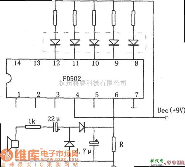 专用测量/显示电路中的用五位LED显示器做音响功率指示电路(FD502)电路图  第1张