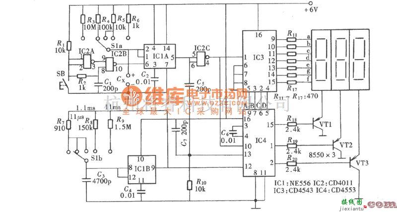 专用测量/显示电路中的三位数字电容表电路图  第1张