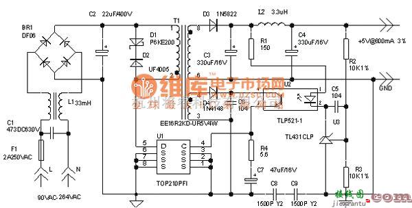 开关稳压电源中的(2007-04-25) 5V 4W开关型稳压直流电源电路图  第1张