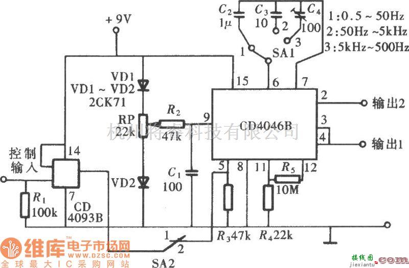 宽带信号产生中的用CD4046组成的宽带方波信号发生器电路图  第1张