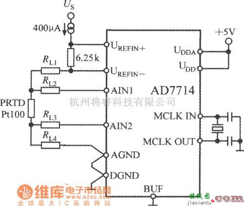 传感信号处理中的由5通道低功耗可编程传感器信号处理器AD7714与Pt100型铂热电阻(PRTD)构成的测温电路图  第1张