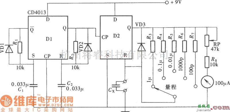 专用测量/显示电路中的模拟式电容测量仪电路图  第1张