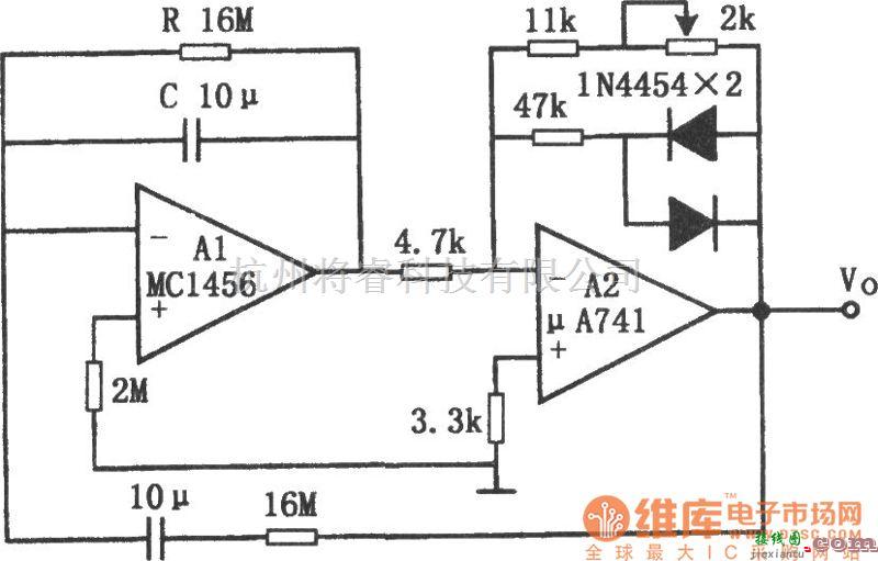 文氏信号产生中的低频文氏电桥正弦波振荡器(MC1456、μA741)电路图  第1张