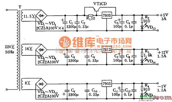 稳压电源中的+12V，±5V输出电源电路图  第1张