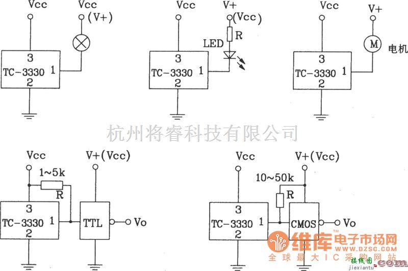 光敏电阻中的TC-3330单片集成光电开关驱动不同负载时的应用电路图  第1张