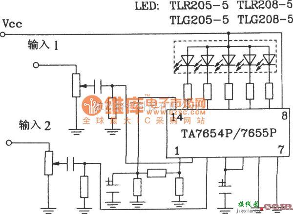 LED电路中的TA7654P／TA7655P构成5点一条LED显示驱动电路图  第1张