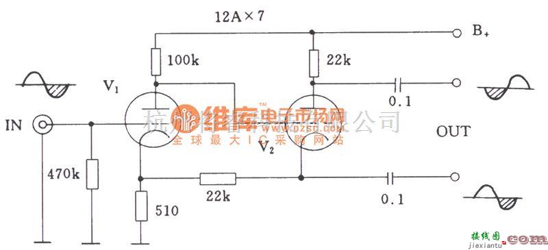 电子管功放中的电子管阴极耦合式倒相电路图  第1张