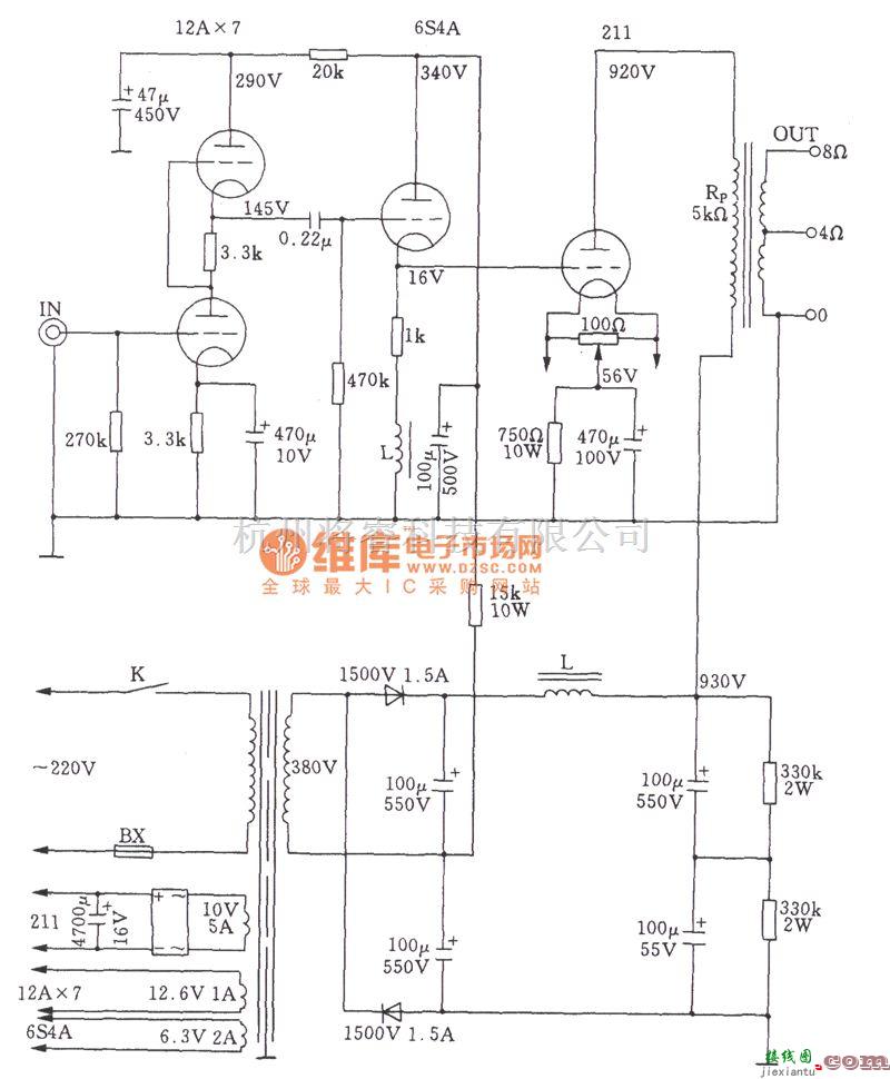 电子管功放中的高功率电子管单端A类211功放电路图  第1张