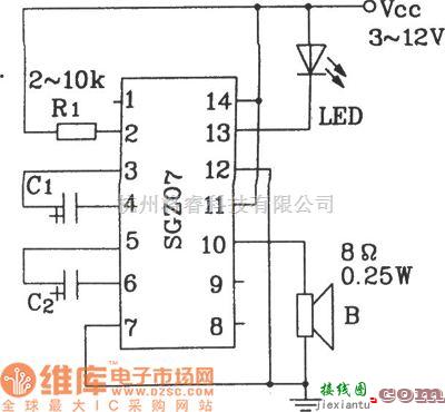 LED电路中的由SGZ07声、光报警集成电路构成双频率声、光信号源电路图  第1张