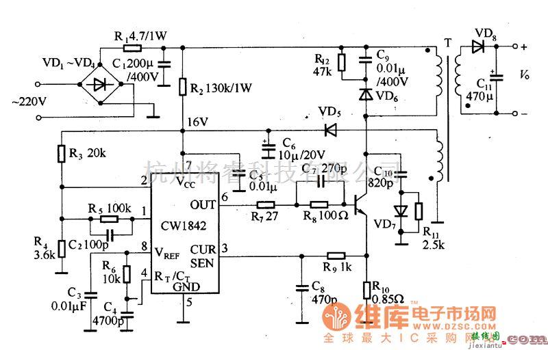 稳压电源中的由CW1842构成的开关式稳压器电路图  第1张