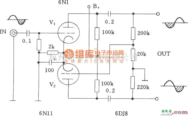 电子管功放中的电子管分压式倒相电路图  第1张