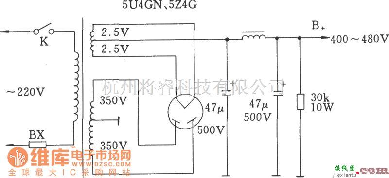 电子管功放中的直热式整流电子管灯丝带中心抽头的高压电路图  第1张