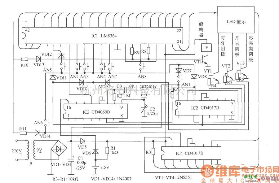 LED电路中的数码显示日历时钟电路图  第1张