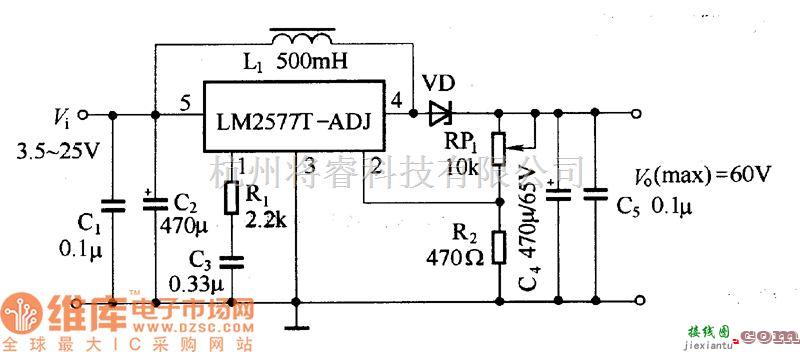 稳压电源中的由LM2577构成的可调开关式稳压器电路图  第1张