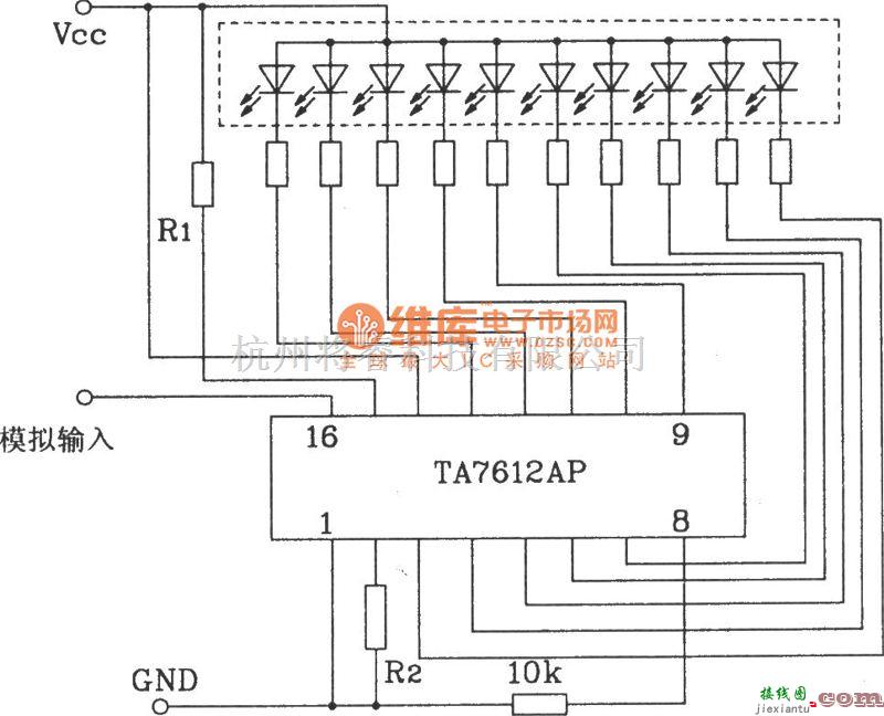 LED电路中的TA7612AP构成一条10点共阳极型对数显示驱动电路图  第1张