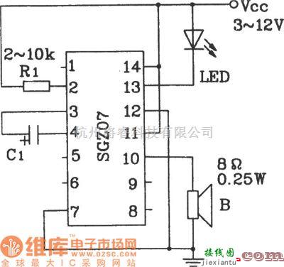 LED电路中的由SGZ07声、光报警集成电路构成单频率声、光信号源电路图  第1张