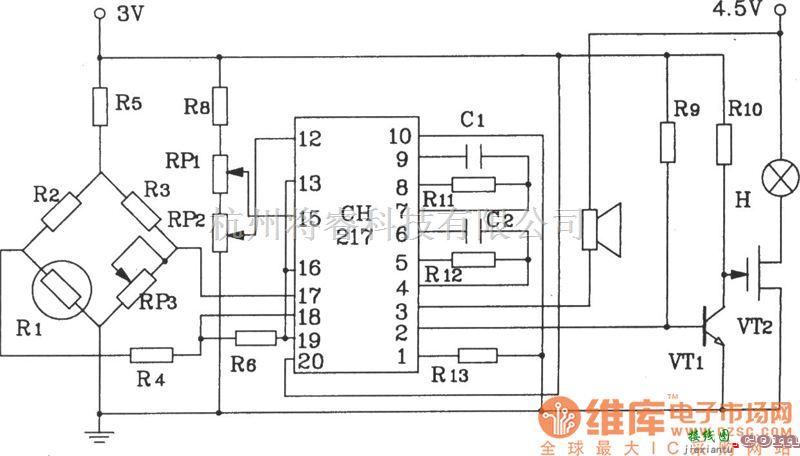 LED电路中的CH217单片瓦斯、煤气检测报警集成电路构成的瓦斯、煤气检测报警电路图  第1张