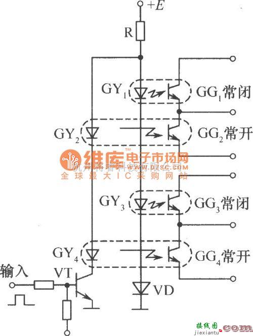 光电耦合器中的有两个常开触点(接点)和两个常闭触点的开关电路图  第1张