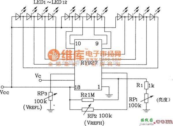 LED电路中的RY927多段LED驱动线性显示器典型应用电路图  第1张