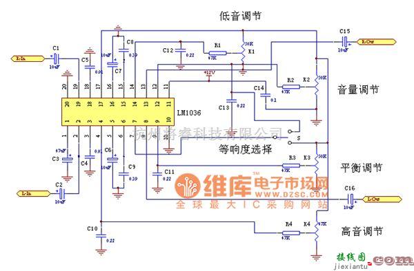 语音电路中的用LM1036制作的音调电路图  第1张