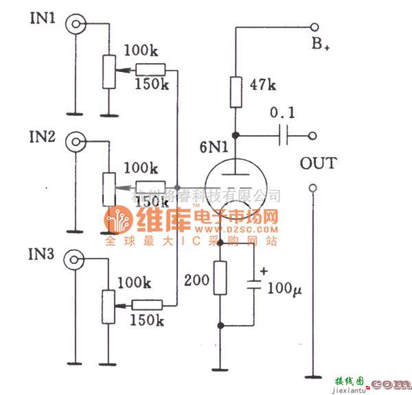 电子管功放中的电子管单级多路通过电阻耦合的输入电路图  第1张