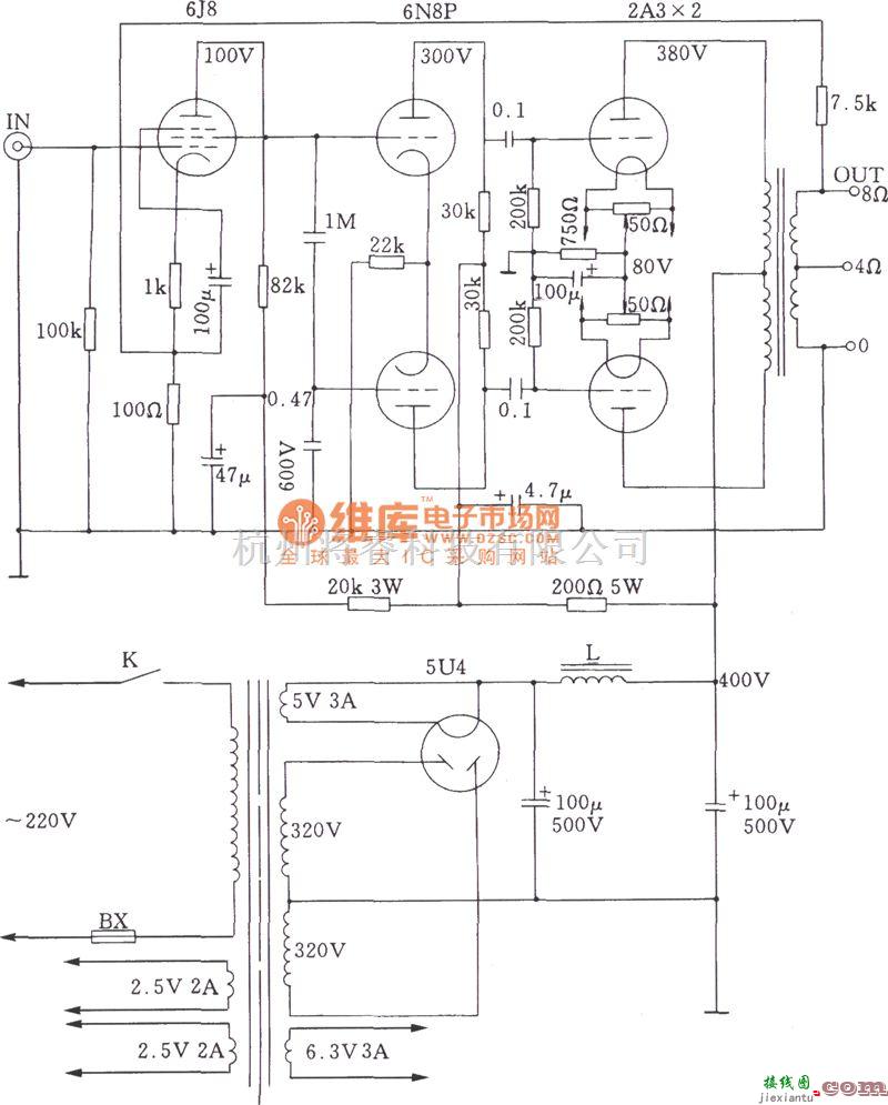 电子管功放中的2A3A类电子管推挽功放电路图  第1张