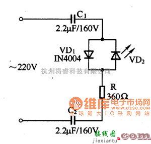 光敏二极管、三极管电路中的发光二极管市电电源指示电路图  第1张