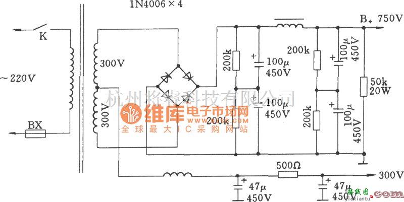 电子管功放中的晶体二极管桥式整流电路(用于电子管功放）电路图  第1张