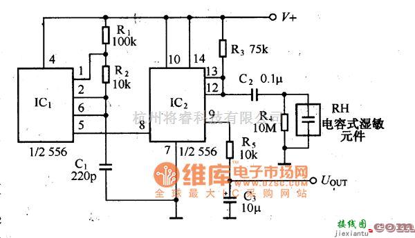 湿敏电路中的高分子电容型湿敏元件应用电路图  第1张