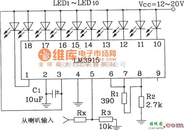 LED电路中的LM3915构成简单音频功率计电路图  第1张