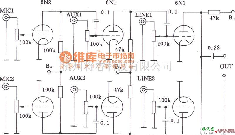 电子管功放中的电子管多路音频输入混合电路图  第1张