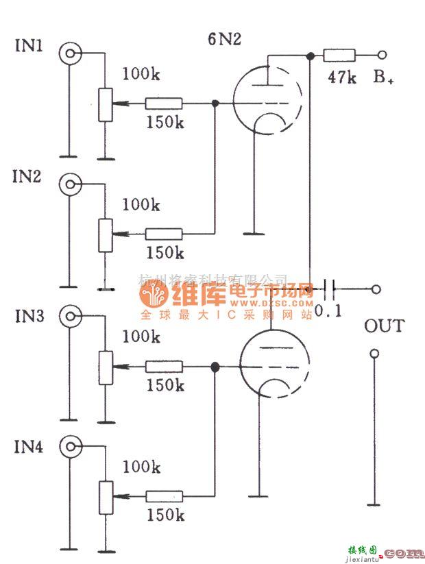 电子管功放中的电子管单级多路通过电阻耦合—直接耦合混合的输入电路图  第1张