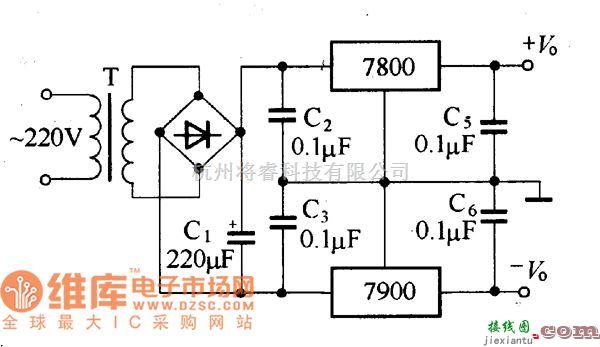 稳压电源中的正、负电压同时输出的稳压器电路图  第1张