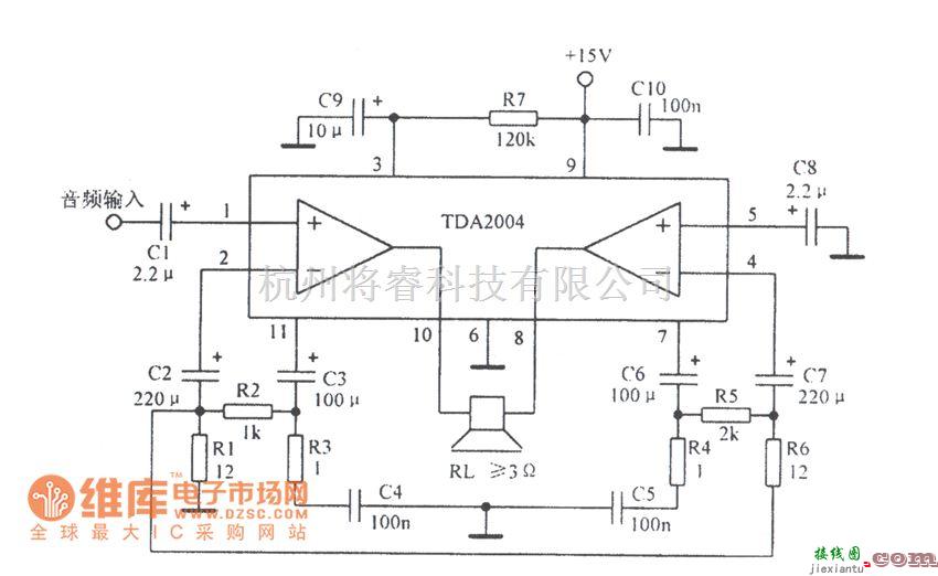 音频处理中的音频功放TDA2004应用电路图  第1张