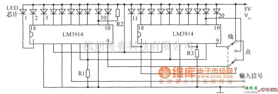 LED电路中的20条发光线段的光柱显示器件驱动电路图  第1张