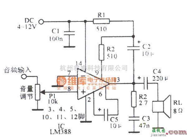 音频处理中的增益为200且负载接地的LM388电路图  第1张