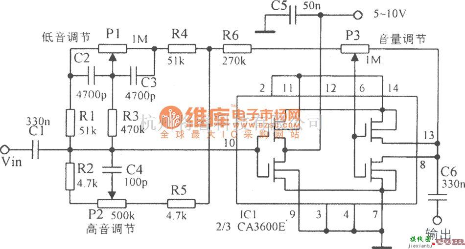 音频处理中的具有高低音控制的音频功放电路图  第1张